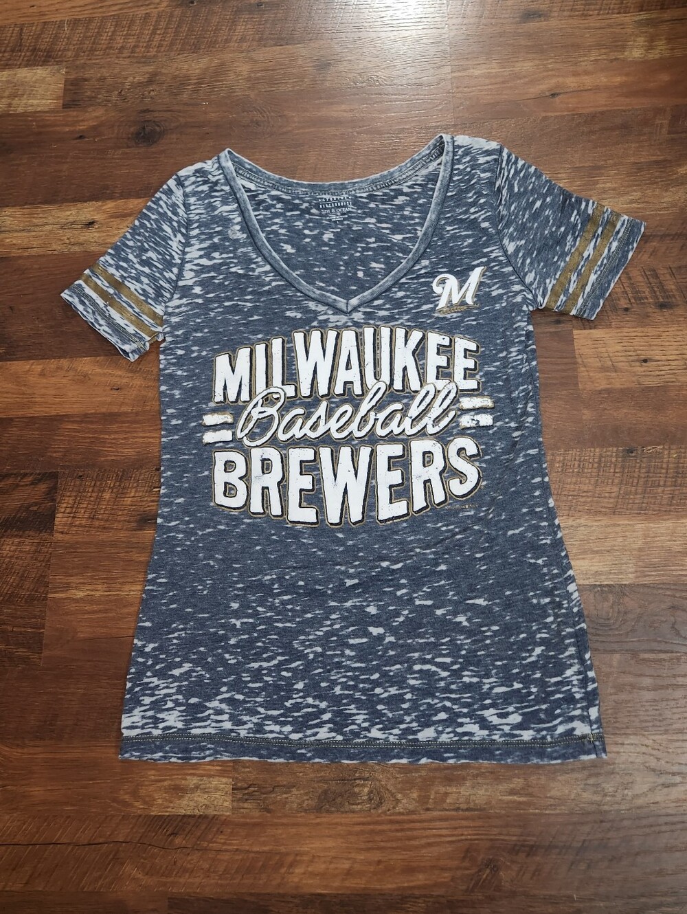 Women's Brewers Navy Blue And White With Gold Accent V-Neck Shirt